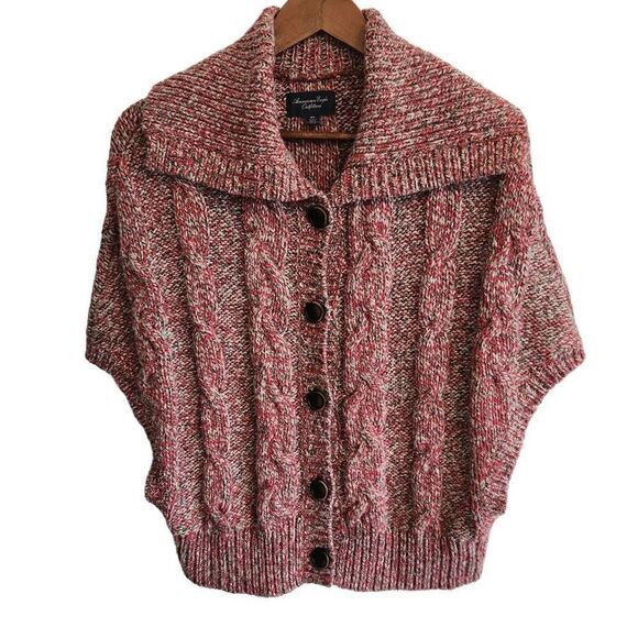 American Eagle Sweater Cardigan Womens Medium Knit Button Front Short Sleeve Red - Picture 1 of 4